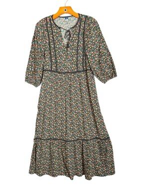 Old Navy Tie Neck 3/4 Sleeve All Day Maxi Dress Black Floral Cottagecore XS